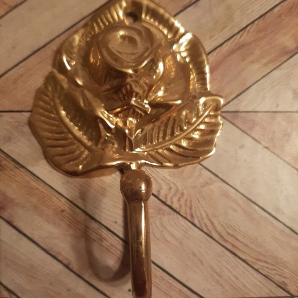 2 Vintage Lacquered Brass Rose Floral Wall Hook Coat Hanger Shiny Bright